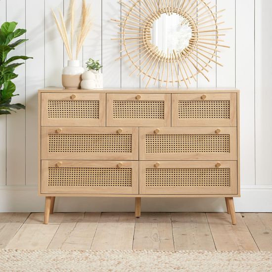 Croxley Oak and Rattan Wide 7 Drawer Chest