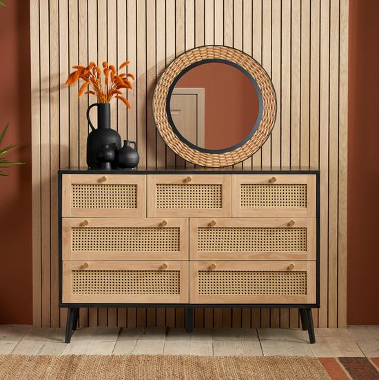 Croxley Black and Rattan Wide 7 Drawer Chest