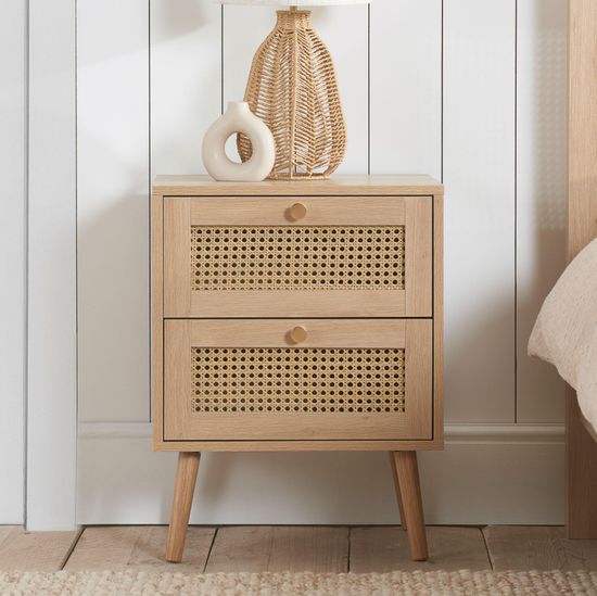 Croxley Oak and Rattan 2 Drawer Bedside Table - Sizes Available