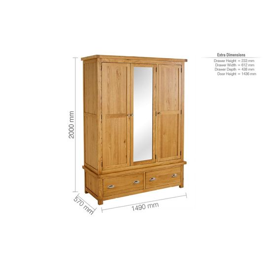 Woburn Rustic Oak 3 Door Mirror Wardrobe