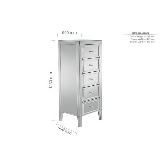 Valencia Mirrored 5 Drawer Narrow Chest
