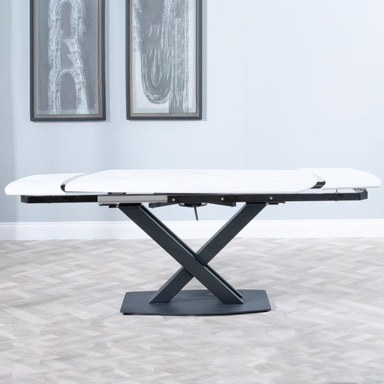 Arctic 6-8 Seater White Ceramic Swivel Top Extending Dining Table with Black Cross Base - 140cm-200cm
