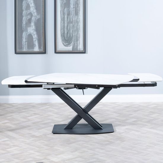 Arctic 6-8 Seater White Ceramic Swivel Top Extending Dining Table with Black Cross Base - 140cm-200cm