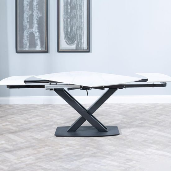 Arctic 6-8 Seater White Ceramic Swivel Top Extending Dining Table with Black Cross Base - 140cm-200cm