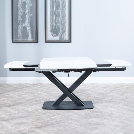 Arctic 6-8 Seater White Ceramic Swivel Top Extending Dining Table with Black Cross Base - 140cm-200cm