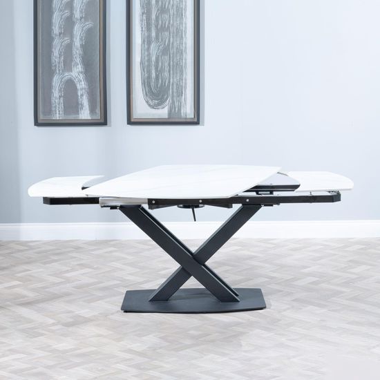 Arctic 6-8 Seater White Ceramic Swivel Top Extending Dining Table with Black Cross Base - 140cm-200cm