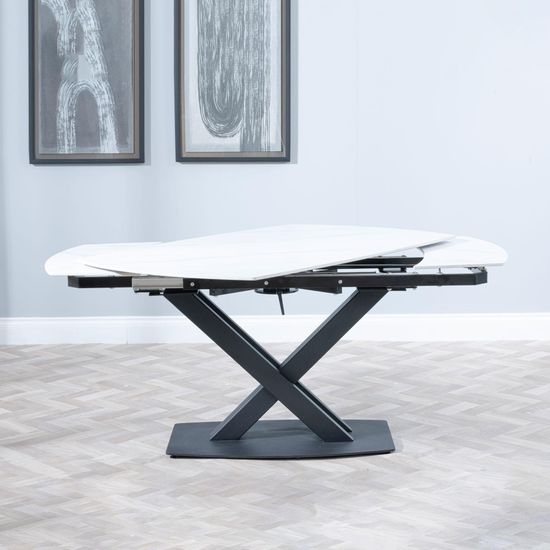 Arctic 6-8 Seater White Ceramic Swivel Top Extending Dining Table with Black Cross Base - 140cm-200cm
