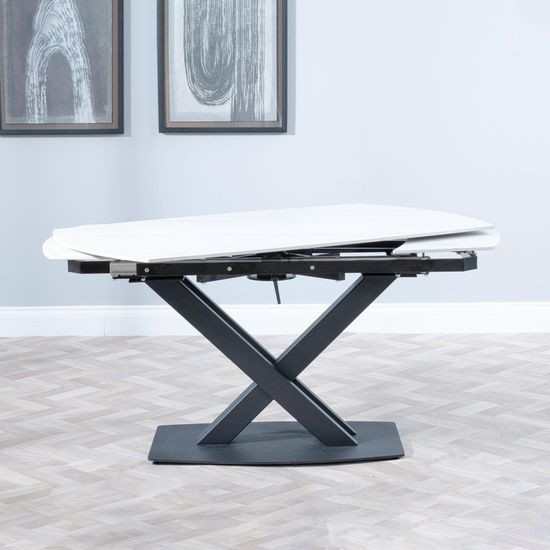 Arctic 6-8 Seater White Ceramic Swivel Top Extending Dining Table with Black Cross Base - 140cm-200cm
