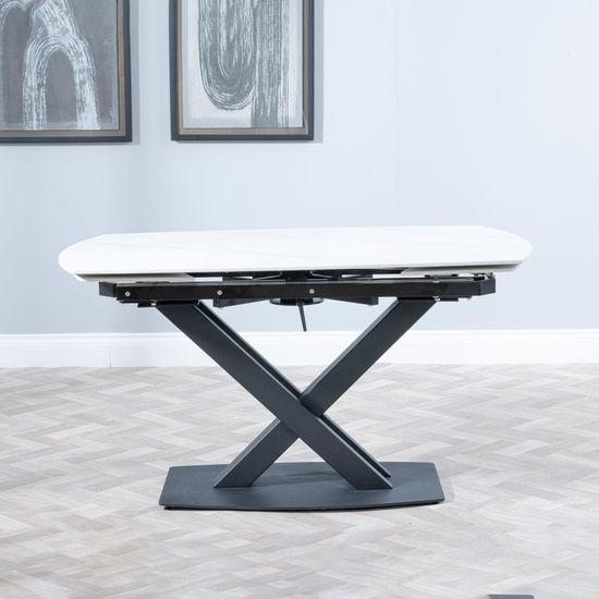 Arctic 6-8 Seater White Ceramic Swivel Top Extending Dining Table with Black Cross Base - 140cm-200cm