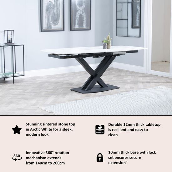 Arctic 6-8 Seater White Ceramic Swivel Top Extending Dining Table with Black Cross Base - 140cm-200cm