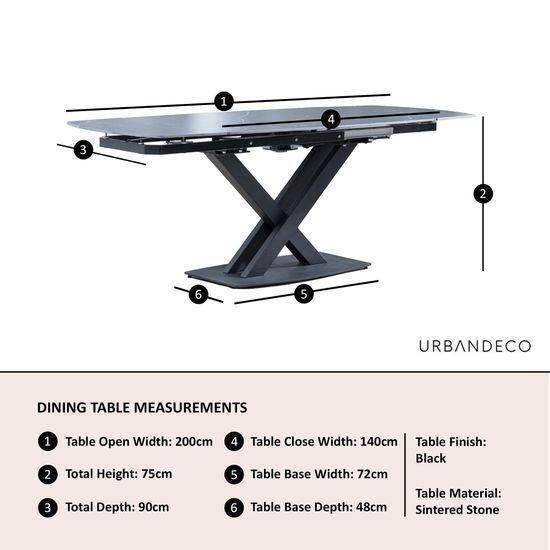 Arctic 6-8 Seater Black Ceramic Swivel Top Extending Dining Table with Cross Base - 140cm-200cm
