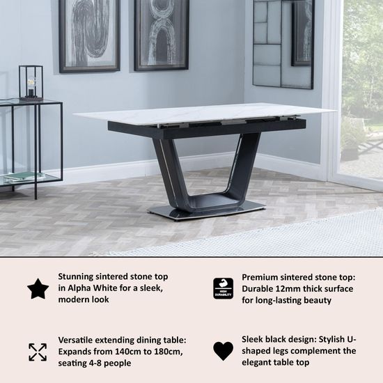 Alpha 6-8 Seater White Ceramic Extending Dining Table with Black Base - 140cm-180cm