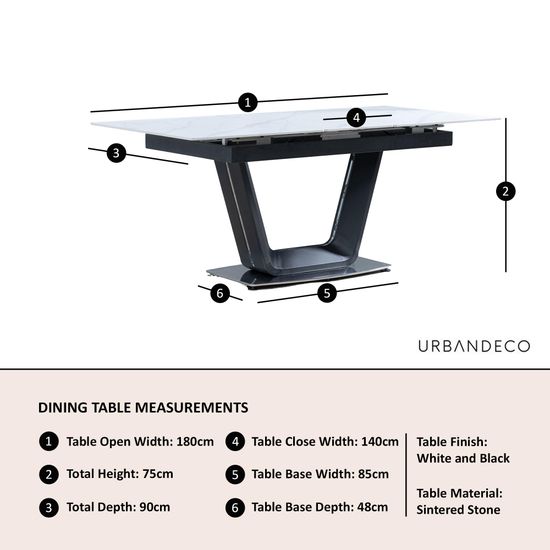 Alpha 6-8 Seater White Ceramic Extending Dining Table with Black Base - 140cm-180cm