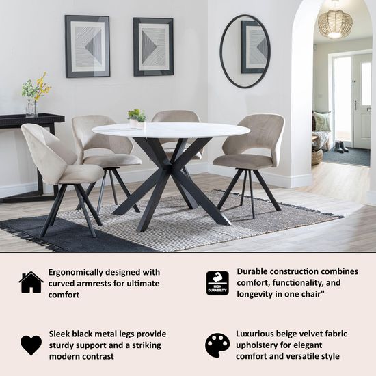 Ion Beige Velvet Fabric Swivel Dining Chair with Black Legs