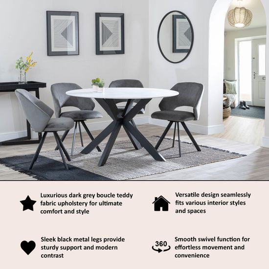 Ion Dark Grey Velvet Fabric Swivel Dining Chair with Black Legs