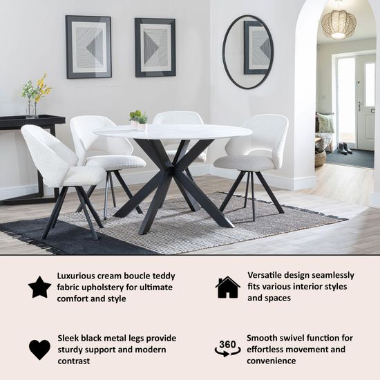 Ion Cream Boucle Teddy Fabric Swivel Dining Chair with Black Legs