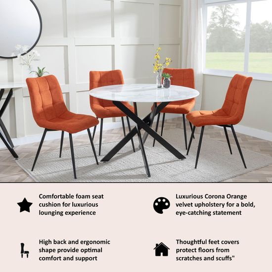 Corona Dining Chairs in Orange Colour Fabric and Black Metal Legs