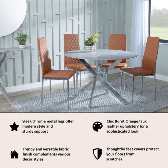 Clearance - Metro Dining Chairs in Burnt Orange Colour Leather and Chrome Metal Legs