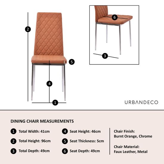 Clearance - Metro Dining Chairs in Burnt Orange Colour Leather and Chrome Metal Legs