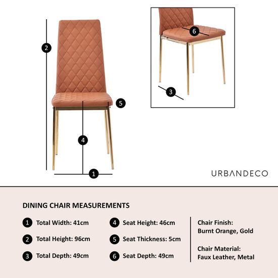 Clearance - Metro Dining Chairs in Burnt Orange Colour Leather and Gold Metal Legs