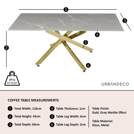 Clearance - Chopstick Grey Glass Coffee Table with Gold Metal Legs