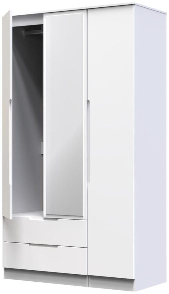 Milan White Gloss 3 Door Tall Combi Wardrobe - 1 Mirror and LHF 2 Drawers