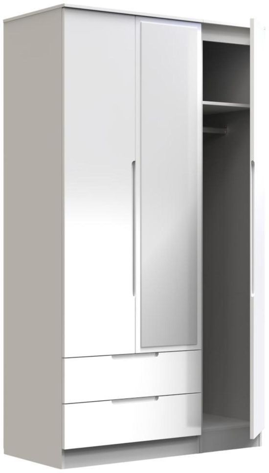 Milan White Gloss 3 Door Tall Combi Wardrobe - 1 Mirror and LHF 2 Drawers