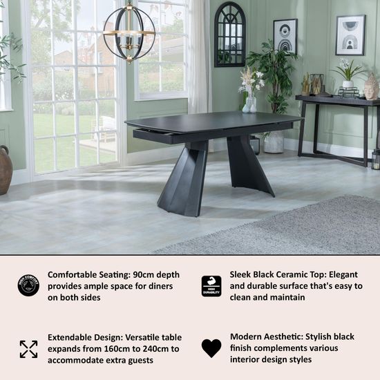 Kinston 6-10 Seater Black Ceramic Extending Dining Table - 160cm-240cm