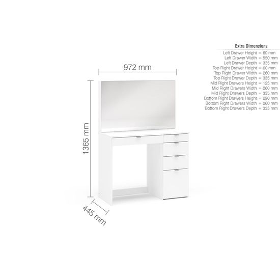 Ava White 5 Drawer Single Dressing Table