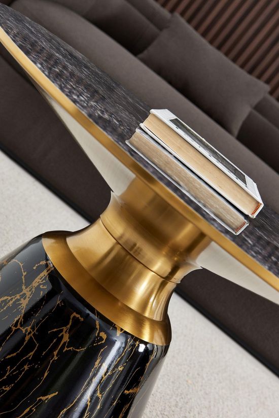 Hourglass Grey Ceramic Round Coffee Table with Black Base and Gold Trim