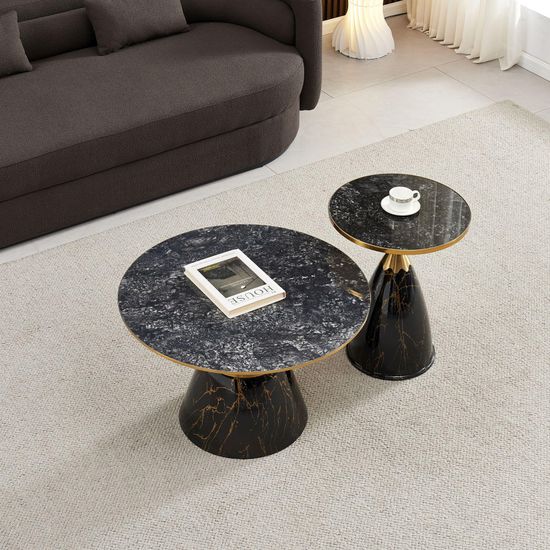 Hourglass Grey Ceramic Round Coffee Table with Black Base and Gold Trim