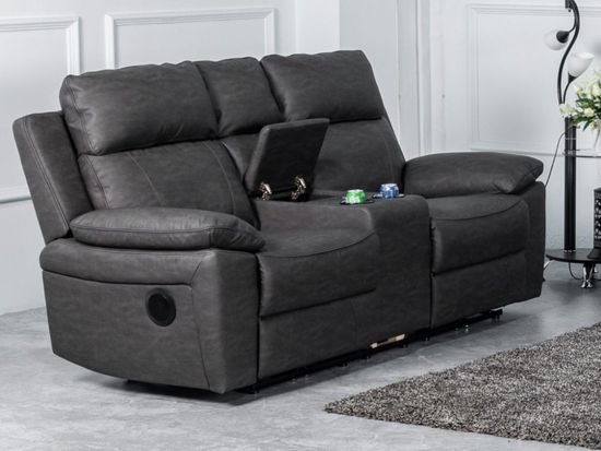 Huntington Dark Grey Leather Look Fabric Electric Recliner 2 Seater Sofa with Console