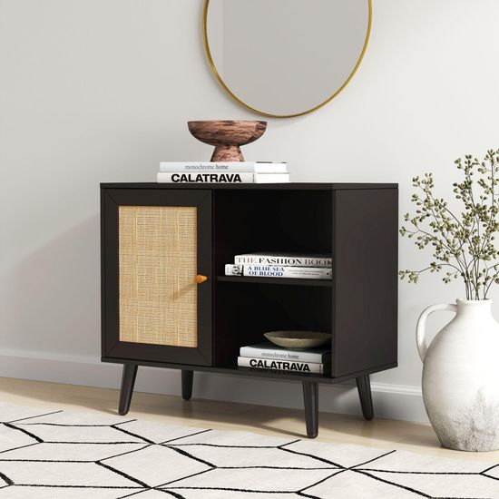 Clearance - Ferrero Black and Woven Rattan 1 Door Cabinet