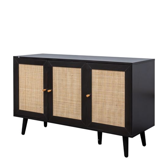 Clearance - Ferrero Black and Woven Rattan 3 Door Medium Sideboard - 120cm