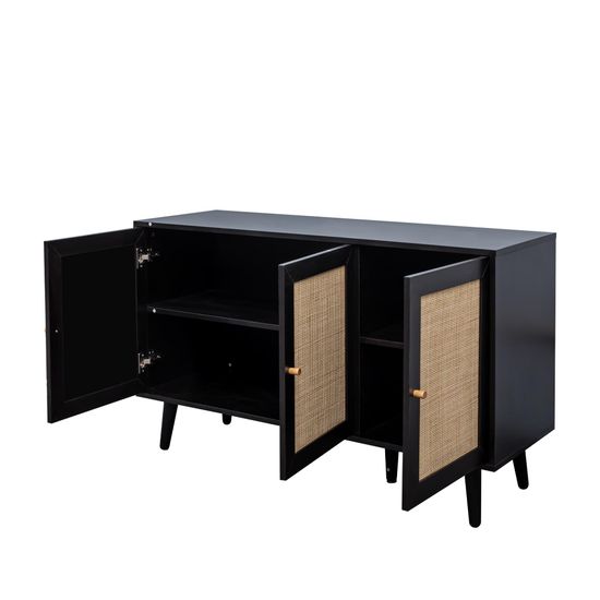 Clearance - Ferrero Black and Woven Rattan 3 Door Medium Sideboard - 120cm