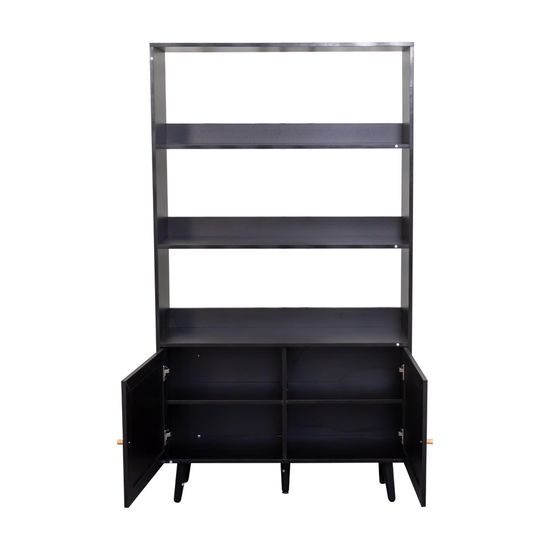 Clearance - Ferrero Black and Woven Rattan Open Shelving Unit with Cupboard