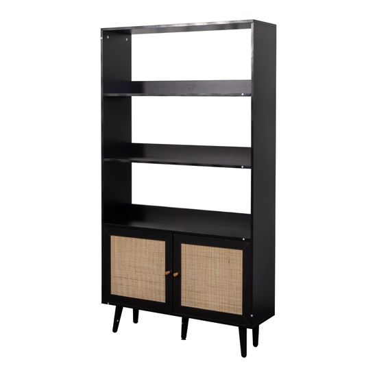 Clearance - Ferrero Black and Woven Rattan Open Shelving Unit with Cupboard