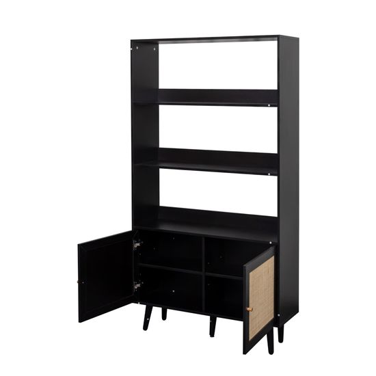Clearance - Ferrero Black and Woven Rattan Open Shelving Unit with Cupboard