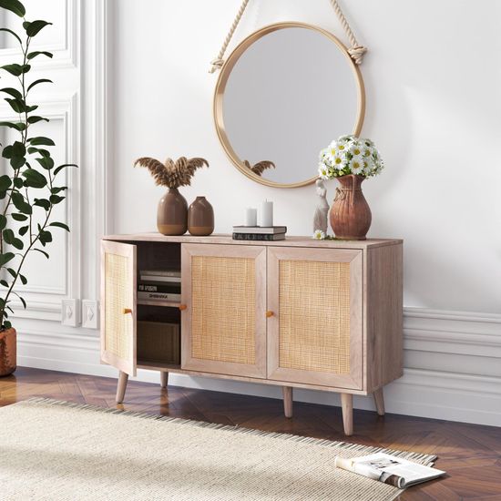 Clearance - Ferrero Natural and Woven Rattan 3 Door Medium Sideboard - 120cm