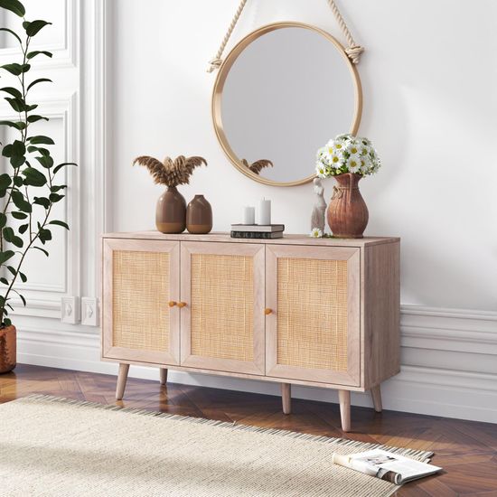 Clearance - Ferrero Natural and Woven Rattan 3 Door Medium Sideboard - 120cm