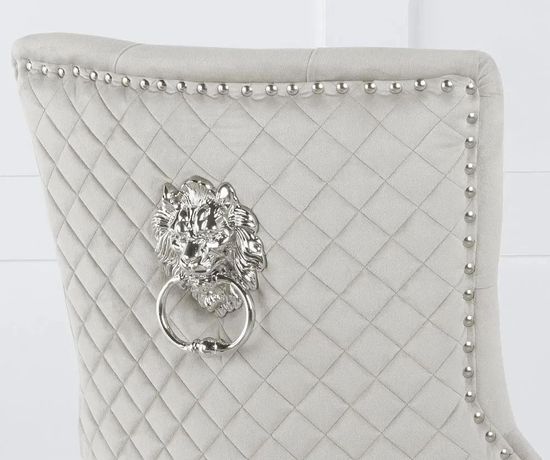 Glacier Grey Marble and Chrome Dining Set - Lion Knocker Back Champagne Velvet Fabric Dining Chair with Chrome Legs