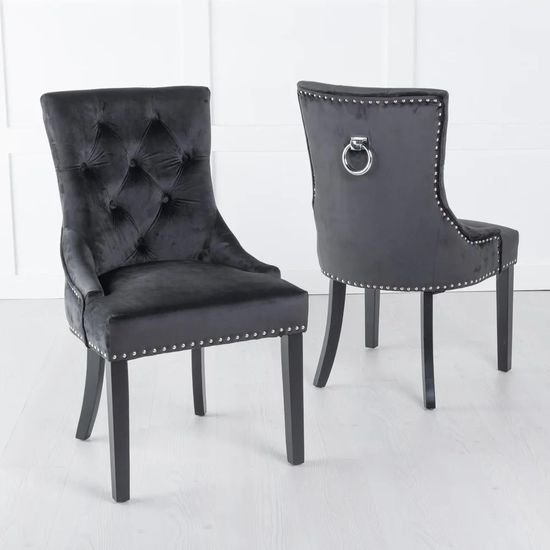 Naples White Marble Dining Set - Knocker Back Black Velvet Fabric Dining Chair with Black Wooden Legs
