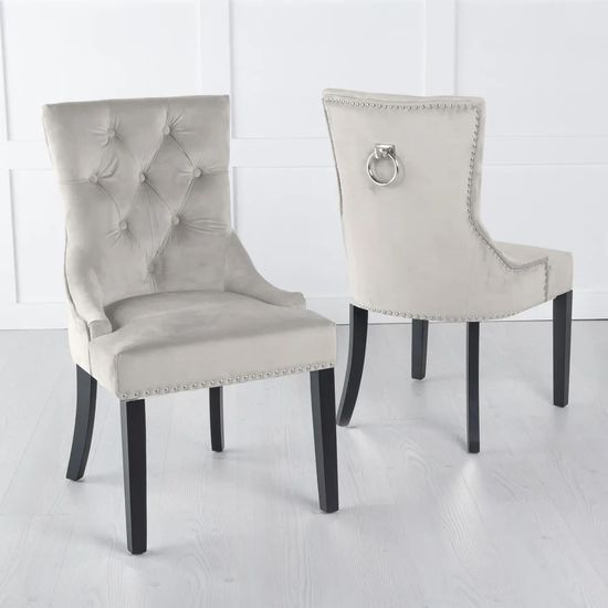 Naples White Marble Dining Set - Knocker Back Champagne Velvet Fabric Dining Chair with Black Wooden Legs