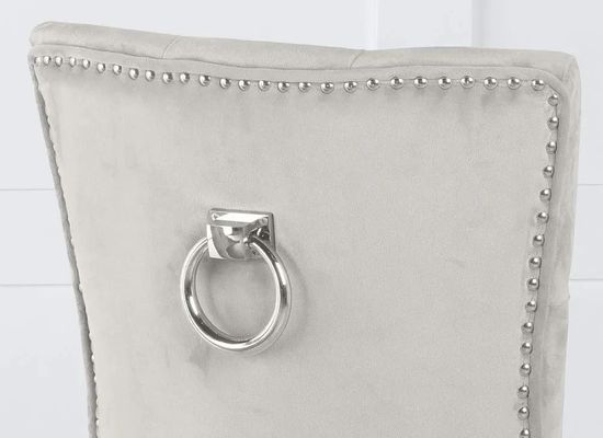 Naples White Marble Dining Set - Knocker Back Champagne Velvet Fabric Dining Chair with Chrome Legs