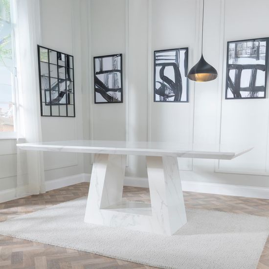 Milan White Marble Dining Set - Knocker Back Champagne Velvet Fabric Dining Chair with Black Wooden Legs