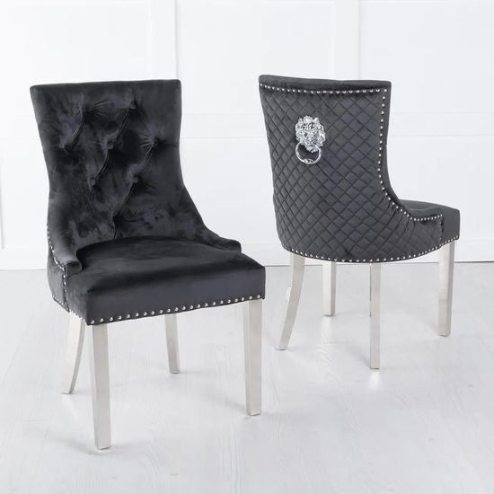 Louis 4 Seater Grey Marble and Chrome Square Dining Set - 4 Lion Knocker Back Black Velvet Fabric Dining Chair with Chrome Legs