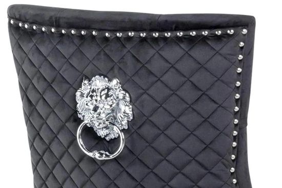 Louis 4 Seater Grey Marble and Chrome Square Dining Set - 4 Lion Knocker Back Black Velvet Fabric Dining Chair with Chrome Legs