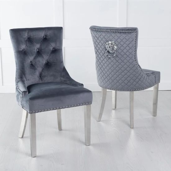 Louis 4 Seater Grey Marble and Chrome Square Dining Set - 4 Lion Knocker Back Grey Velvet Fabric Dining Chair with Chrome Legs