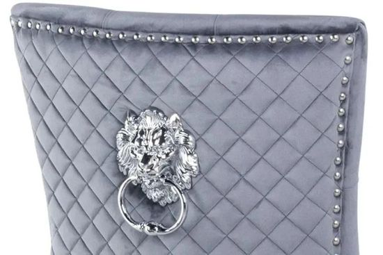 Louis 4 Seater Grey Marble and Chrome Square Dining Set - 4 Lion Knocker Back Grey Velvet Fabric Dining Chair with Chrome Legs