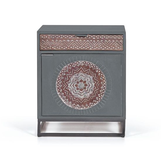 Lytton Grey Carved Mango Wood 1 Door Bedside Cabinet